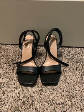 A New Day Black Faux Leather Ankle Strap Block Heels Sz 10
